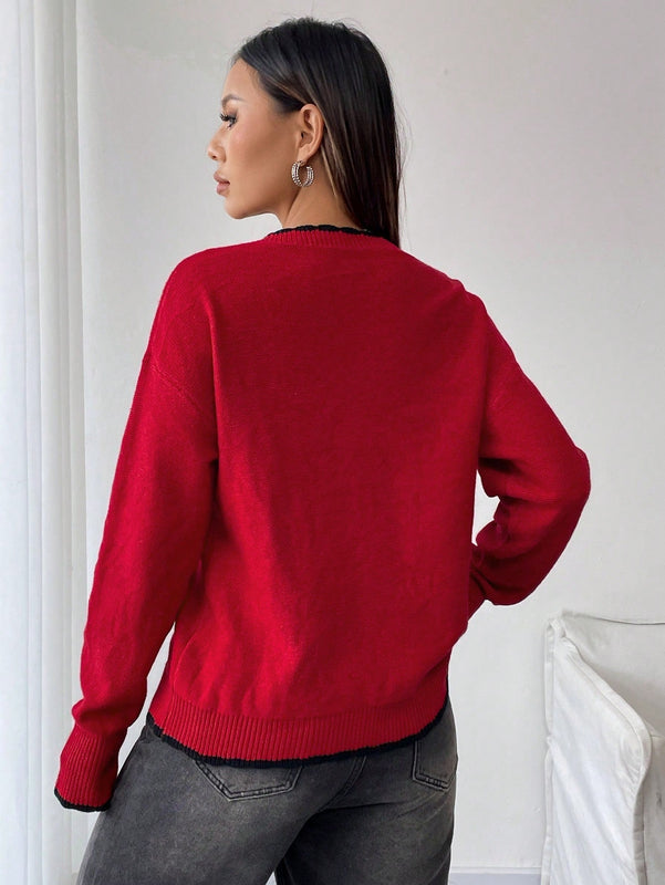 Essnce cardigan de punto con cuello redondo rojo, con adorno de lazo de encaje negro para mujer