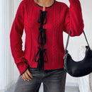 Essnce cardigan de punto con cuello redondo rojo, con adorno de lazo de encaje negro para mujer