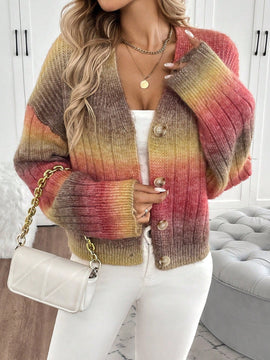 Relaxiva cardigan de punto con botones delanteros, manga larga, de color ombre, hecho de un hilado jaspeado y tejido de nervio