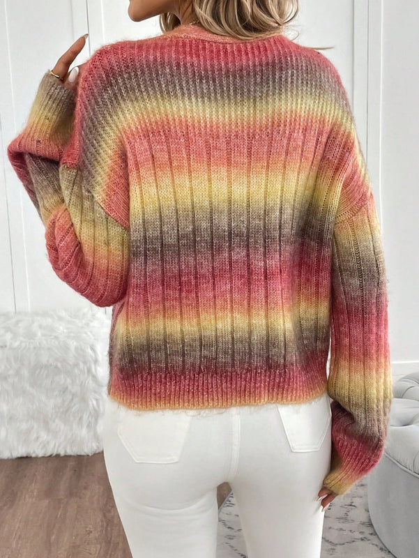Relaxiva cardigan de punto con botones delanteros, manga larga, de color ombre, hecho de un hilado jaspeado y tejido de nervio