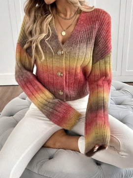 Relaxiva cardigan de punto con botones delanteros, manga larga, de color ombre, hecho de un hilado jaspeado y tejido de nervio