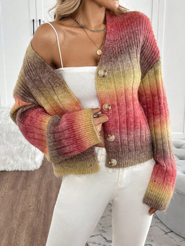 Relaxiva cardigan de punto con botones delanteros, manga larga, de color ombre, hecho de un hilado jaspeado y tejido de nervio