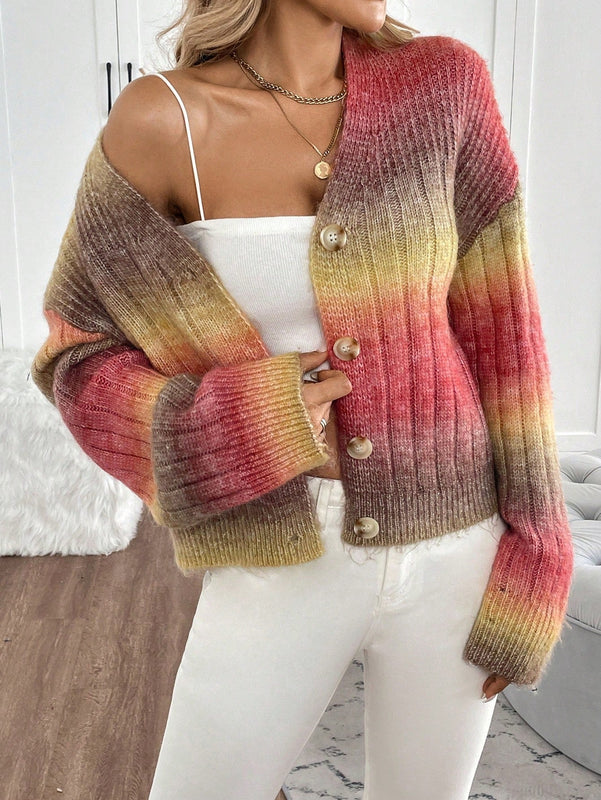 Relaxiva cardigan de punto con botones delanteros, manga larga, de color ombre, hecho de un hilado jaspeado y tejido de nervio