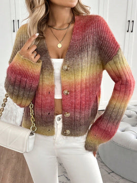 Relaxiva cardigan de punto con botones delanteros, manga larga, de color ombre, hecho de un hilado jaspeado y tejido de nervio