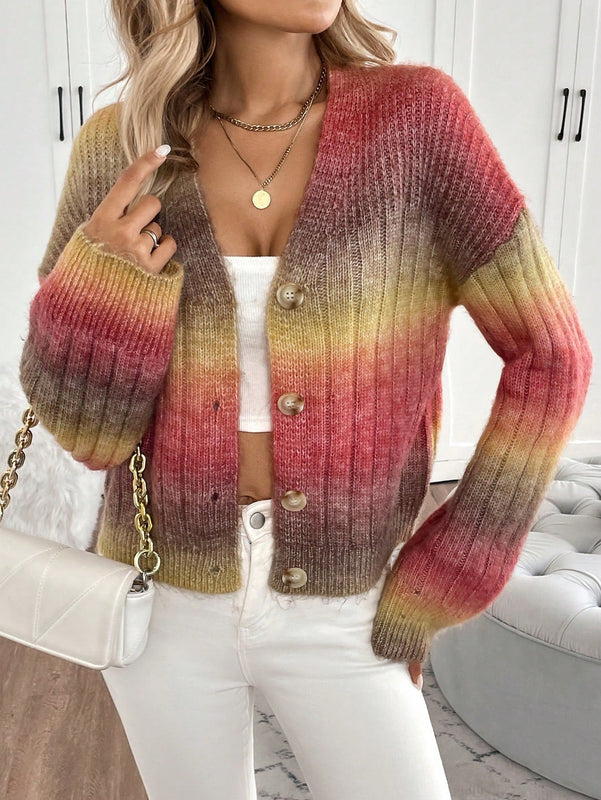 Relaxiva cardigan de punto con botones delanteros, manga larga, de color ombre, hecho de un hilado jaspeado y tejido de nervio