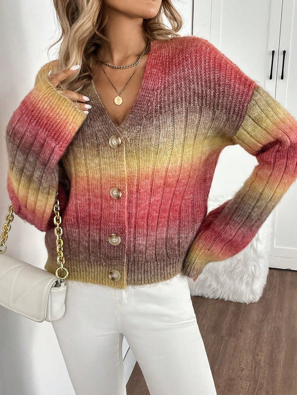 Relaxiva cardigan de punto con botones delanteros, manga larga, de color ombre, hecho de un hilado jaspeado y tejido de nervio