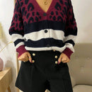 Cardigan de cuello en v de botones gruesos de contraste de estampado de leopardo y rayas para otono e invierno