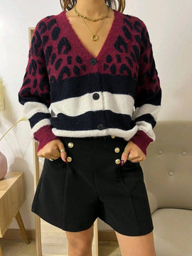 Cardigan de cuello en v de botones gruesos de contraste de estampado de leopardo y rayas para otono e invierno