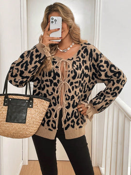 Frenchy cardigan con estampado de leopardo y nudo delantero para mujer, de estilo minimalista y uso casual para el dia a dia