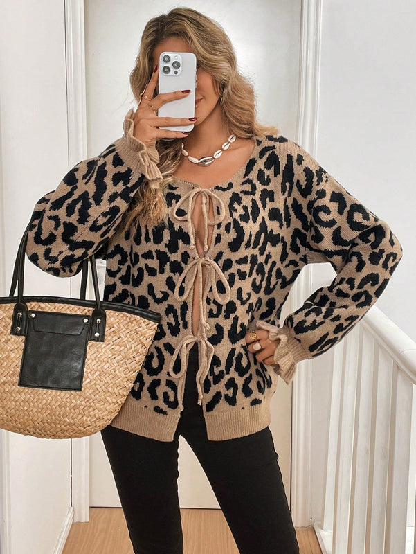 Frenchy cardigan con estampado de leopardo y nudo delantero para mujer, de estilo minimalista y uso casual para el dia a dia