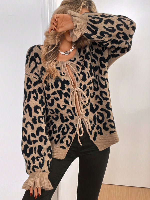 Frenchy cardigan con estampado de leopardo y nudo delantero para mujer, de estilo minimalista y uso casual para el dia a dia