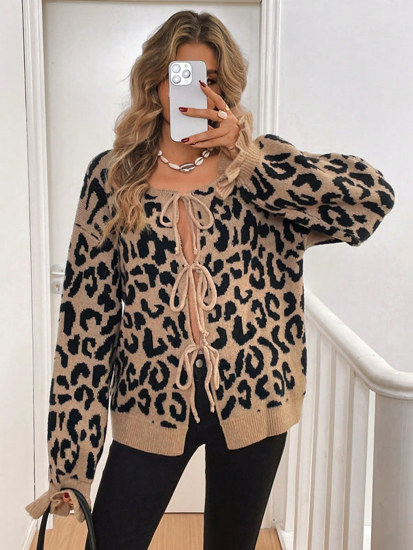 Frenchy cardigan con estampado de leopardo y nudo delantero para mujer, de estilo minimalista y uso casual para el dia a dia