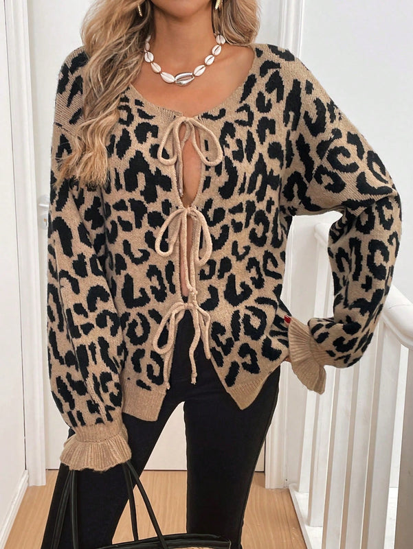 Frenchy cardigan con estampado de leopardo y nudo delantero para mujer, de estilo minimalista y uso casual para el dia a dia