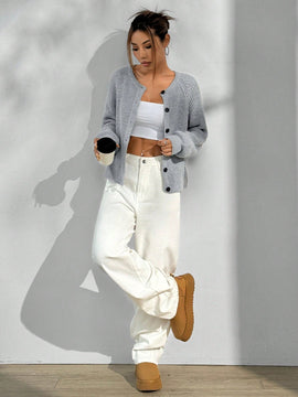 Moosta cardigan casual de cuello redondo y manga raglan de unicolor para mujer, versatil para otono/invierno