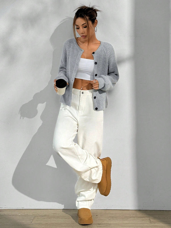 Moosta cardigan casual de cuello redondo y manga raglan de unicolor para mujer, versatil para otono/invierno