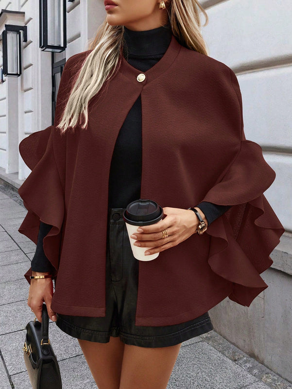 Clasi abrigo de lana elegante con cuello vuelto y abotonadura sencilla, en unicolor, para mujer, para otono/invierno