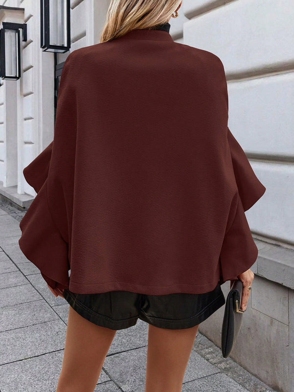 Clasi 1 pieza abrigo elegante de lana con un solo abotonadura, bajo con volantes y unicolor para mujer, otono/invierno