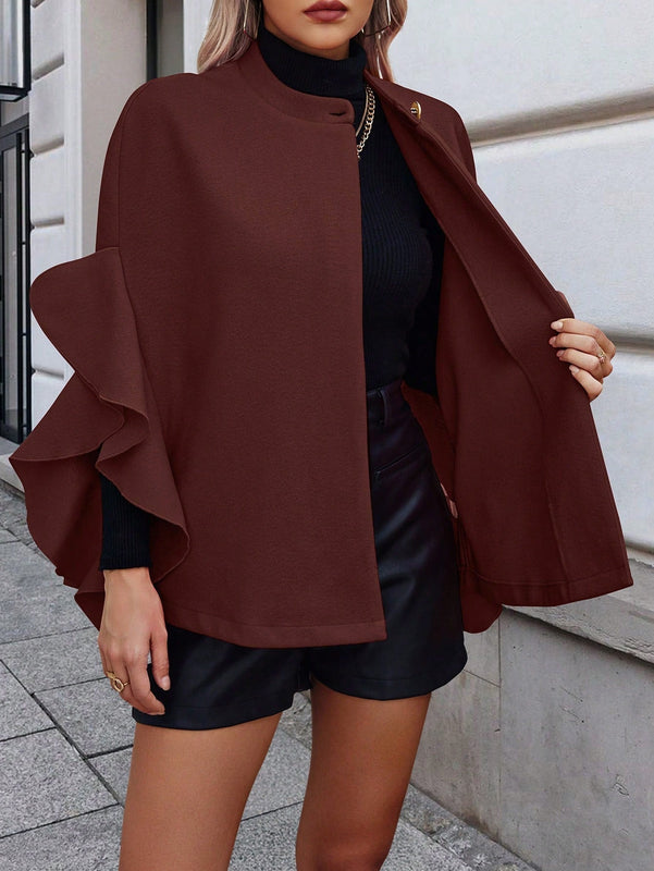 Clasi abrigo de lana elegante con cuello vuelto y abotonadura sencilla, en unicolor, para mujer, para otono/invierno