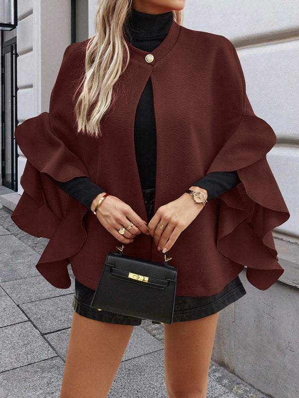 Clasi abrigo de lana elegante con cuello vuelto y abotonadura sencilla, en unicolor, para mujer, para otono/invierno