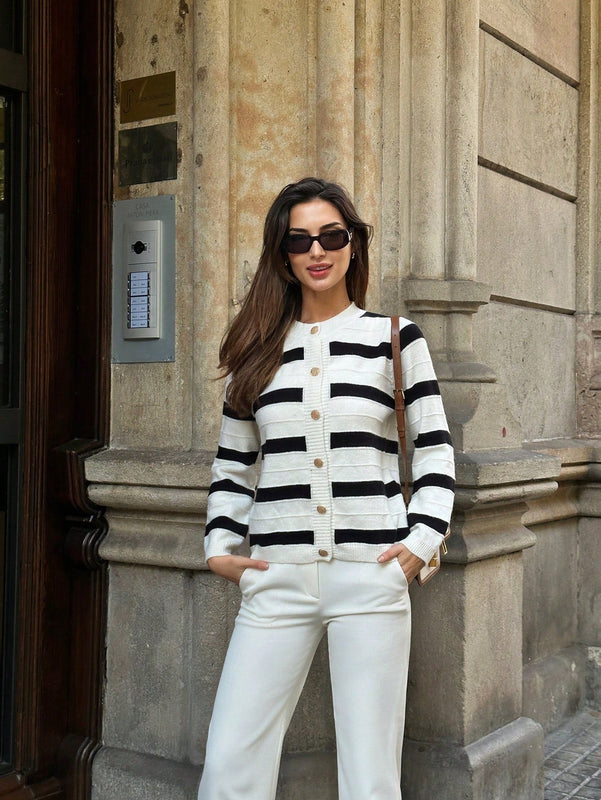 Pariaura cardigan de manga larga elegante con botones delanteros y estampado de rayas para mujer