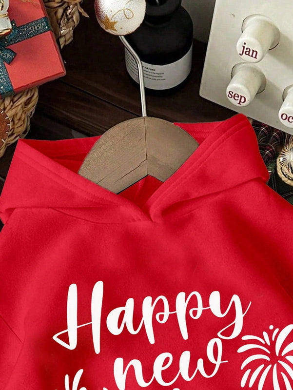 Ezwear sudadera con capucha de ajuste holgado y gruesa con estampado minimalista "feliz ano nuevo" de color rojo casual para mujer