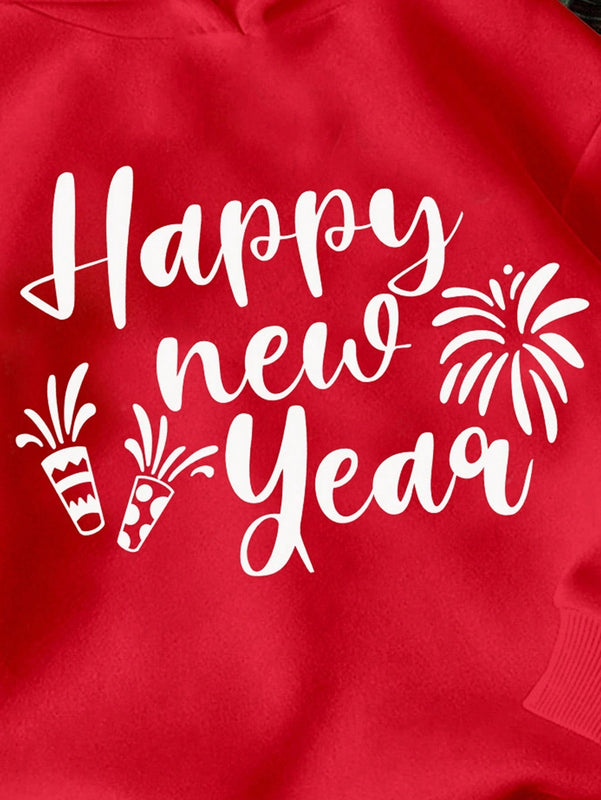 Ezwear sudadera con capucha de ajuste holgado y gruesa con estampado minimalista "feliz ano nuevo" de color rojo casual para mujer