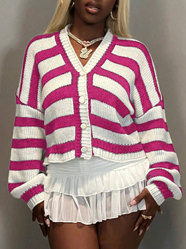 Bamgleam chaqueta de punto de manga larga para mujer, cardigan de botones en blanco y negro a rayas horizontales, con corte sexy y suelto, perfecto para reuniones con amigas, uso en todas las estaciones, ropa de mujer para otono e invierno