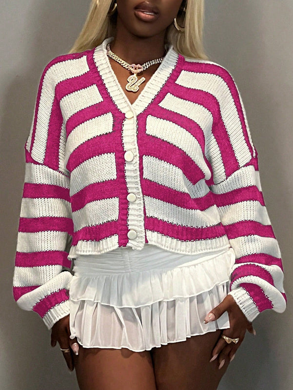 Bamgleam chaqueta de punto de manga larga para mujer, cardigan de botones en blanco y negro a rayas horizontales, con corte sexy y suelto, perfecto para reuniones con amigas, uso en todas las estaciones, ropa de mujer para otono e invierno
