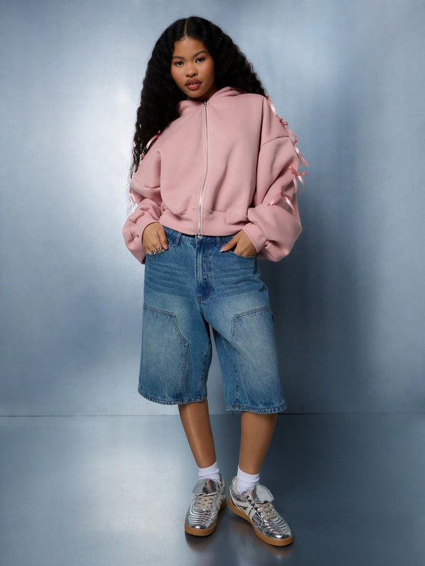 Sumwon women sudadera con capucha corta con cremallera y detalles de mono