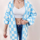 Cardigan de manga larga con estampado de cuadros, cardigan de punto de manga larga con bloqueo de color y estampado de cuadros para mujer