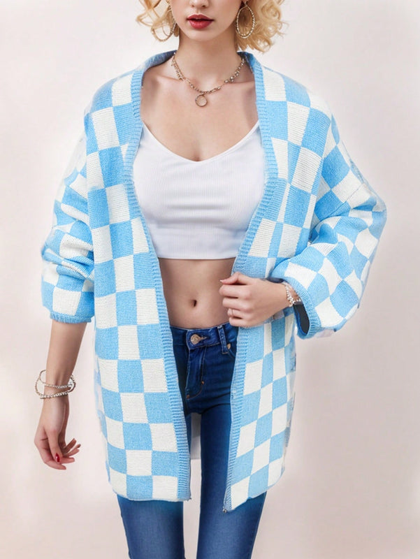 Cardigan de manga larga con estampado de cuadros, cardigan de punto de manga larga con bloqueo de color y estampado de cuadros para mujer