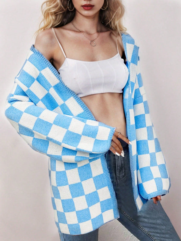 Cardigan de manga larga con estampado de cuadros, cardigan de punto de manga larga con bloqueo de color y estampado de cuadros para mujer