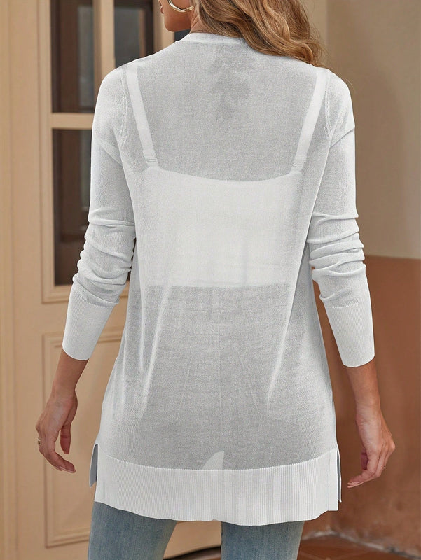 Sueter tipo kimono informal de manga larga transparente con abertura frontal para mujer