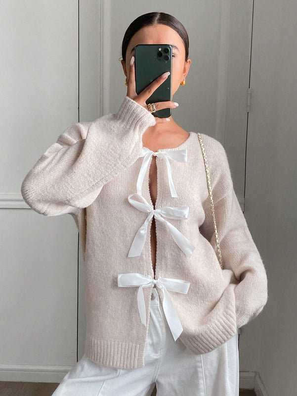 Frenchy cardigan holgado casual de mujer con lazo de cinta y mangas de murcielago