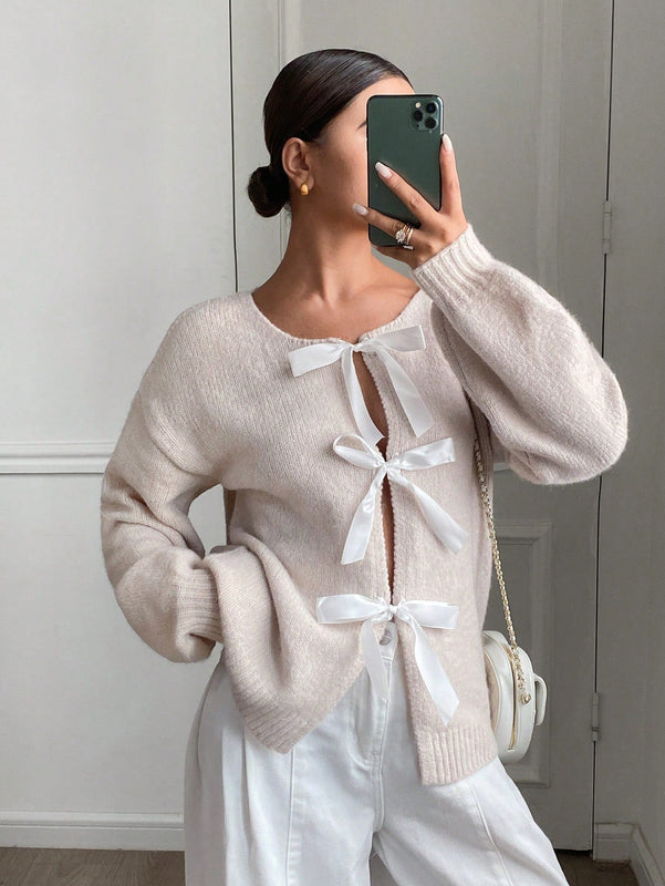 Frenchy cardigan holgado casual de mujer con lazo de cinta y mangas de murcielago