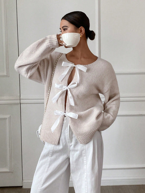 Frenchy cardigan holgado casual de mujer con lazo de cinta y mangas de murcielago
