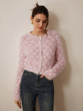 Prive elegante cardigan de punto con cuello en v, estampado de argyle de strass y apariencia de piel de vison sintetica para mujeres