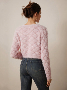 Prive elegante cardigan de punto con cuello en v, estampado de argyle de strass y apariencia de piel de vison sintetica para mujeres