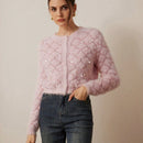 Prive elegante cardigan de punto con cuello en v, estampado de argyle de strass y apariencia de piel de vison sintetica para mujeres
