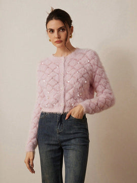 Prive elegante cardigan de punto con cuello en v, estampado de argyle de strass y apariencia de piel de vison sintetica para mujeres