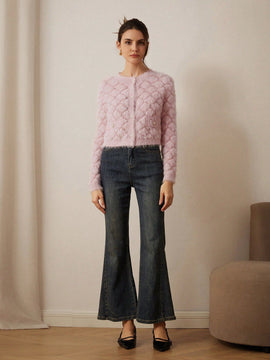 Prive elegante cardigan de punto con cuello en v, estampado de argyle de strass y apariencia de piel de vison sintetica para mujeres