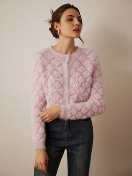 Prive elegante cardigan de punto con cuello en v, estampado de argyle de strass y apariencia de piel de vison sintetica para mujeres