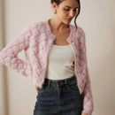 Prive elegante cardigan de punto con cuello en v, estampado de argyle de strass y apariencia de piel de vison sintetica para mujeres