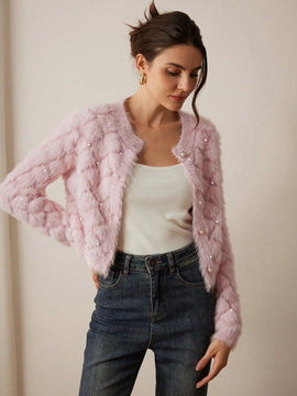 Prive elegante cardigan de punto con cuello en v, estampado de argyle de strass y apariencia de piel de vison sintetica para mujeres