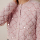 Prive elegante cardigan de punto con cuello en v, estampado de argyle de strass y apariencia de piel de vison sintetica para mujeres