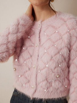 Prive elegante cardigan de punto con cuello en v, estampado de argyle de strass y apariencia de piel de vison sintetica para mujeres