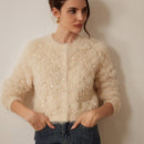 Prive elegante cardigan de punto con cuello en v, estampado de argyle de strass y apariencia de piel de vison sintetica para mujeres