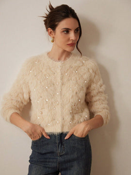 Prive elegante cardigan de punto con cuello en v, estampado de argyle de strass y apariencia de piel de vison sintetica para mujeres