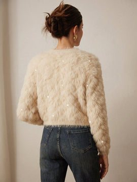 Prive elegante cardigan de punto con cuello en v, estampado de argyle de strass y apariencia de piel de vison sintetica para mujeres