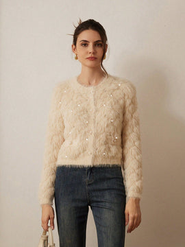 Prive elegante cardigan de punto con cuello en v, estampado de argyle de strass y apariencia de piel de vison sintetica para mujeres